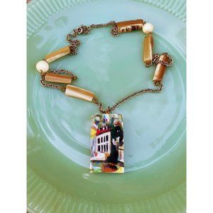 Vintage Hand painted City Scape Bone pendant Horn Beads